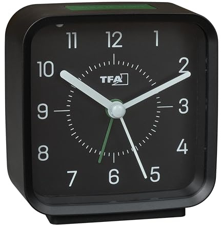 TFA Dostmann Wecker Nicht Ticken analog, 60.1044., mit Sweep-Uhrwerk, Weckalarm, gut ablesbar, für Nachttisch, modern, inkl Licht, mit Schlummerfunktion, schwarz-grün