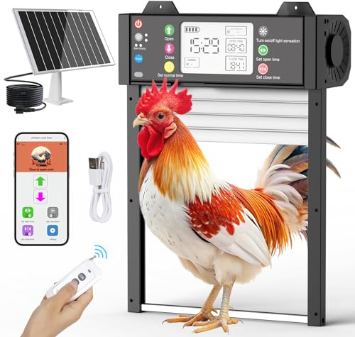 SARELLIT Automatische Hühnerklappe Solar mit TUYA App, Statusanzeige & WLAN | Elektrische Hühnertür Alu mit Wasserdichtem Display, Fernbedienung, Auto-Reconnect, Timer, Lichtsensor, Klemmschutz, 4000mAh