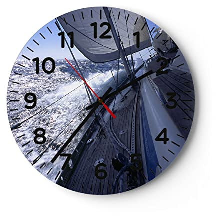 Modern Wanduhr Boot Ozean Reise Yacht 30x30cm Rund Klein Wand Uhr Glas Analog Zimmeruhren Küche Büro Wohnzimmer Glasuhr Wall Clock Dekoration Design Wanddekoration Küchenuhr C4AR30x30-0373