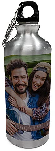 LolaPix Botella personalizada. Botella de aluminio inoxidable con foto. Botella agua. Water Bottle. Cantimplora. Libre BPA. 600ml. TAPE MOSQUETÓN COLOR PLATA