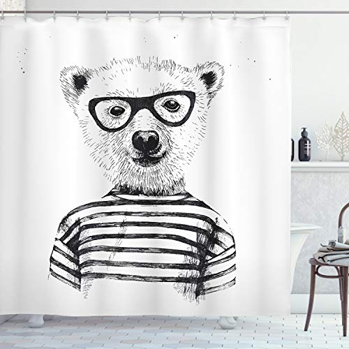 ABAKUHAUS Hipster Duschvorhang, Bär in Gläser Fun, Stoffliches Gewebe Badezimmerdekorationsset mit Haken, 175 x 200 cm, Schwarz Weiß