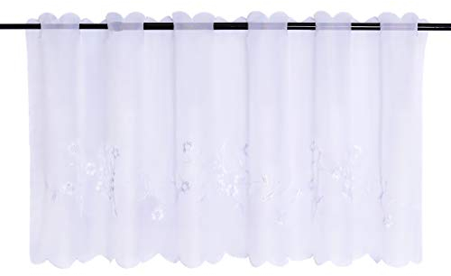 Joyswahl Felizia 1 Pièce Rideau Brise-Bise Perforé Passe Tringle en Polyester Petit Voilage avec Broderie de Fleurs en Dentelle Transparent Maison de Campagne Décor de Fenêtre Blanc HxL 30x90CM