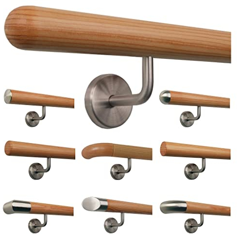Lärche Holz Treppe Handlauf Geländer Griff gewinkelte Edelstahlhalter, Länge 30-500 cm aus einem Stück/Variante:50 cm mit 2 Halter - Enden: Halbkugel gefräst