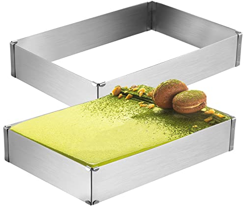 Tebery Juego de 2 Molde Rectangular para Tartas Ajustable, Molde Mousse de Acero Inoxidable, Molde para Pasteles Rectangular Extensible con Divisores para pastelería Hornear Tartas Tiramisu