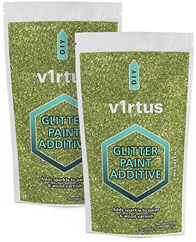 v1rtus 2X Glitter Paint Additive - Lime Green | Metallic Flakes for Adding Sparkle to Paints & Wood Varnish | Add to Emulsion, Acrylic & Latex for Indoor Sparkly Walls | 100 g (x2)