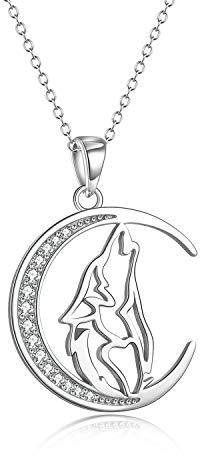 Yfn Halskette mit Wolf-Anhänger, 925er-Sterlingsilber, Halbmond-Halskette, 45,7 cm, Schmuck für die Freundin oder die Ehefrau