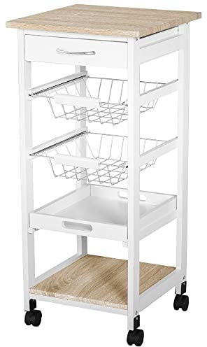 HOMCOM Mobile Rolling Kitchen Island Trolley for Home w/Metal Baskets Trays Shelves Wheels Compact Stylish Storage White