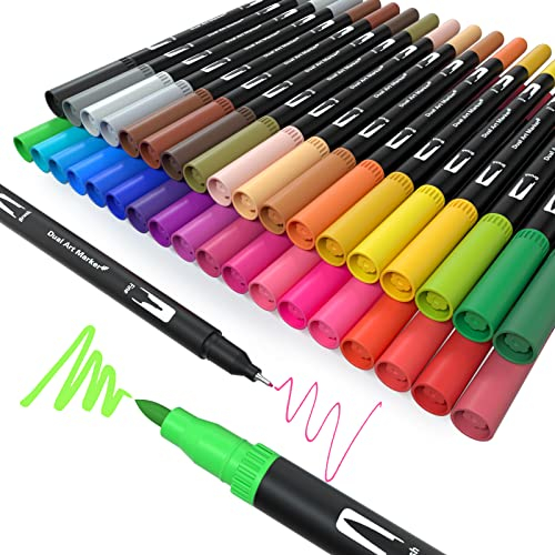 MISDUWA Dual Brush Pen Set, 36 Farben Pinselstifte mit Zwei Spitzen Doppelfasermaler Filzstifte 0,4 mm Fineliner und 1-2 mm Fasermaler Aquarellstifte
