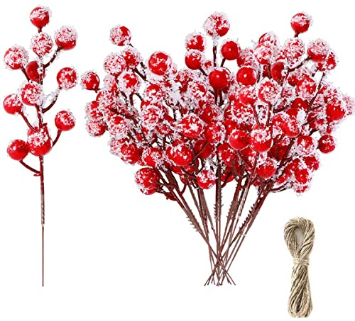 KSPOWWIN Künstliche Stechpalmenbeeren mit Schneeflocke, Glitzer, Weihnachtsbaumbeeren, Stechpalmenbeeren, Zweige, Blumen-Picks für Weihnachtsbaumschmuck, DIY-Kranz, Basteln, Hochzeitsdekoration, 24
