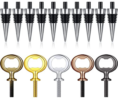 10 Stück Metall Weinstopfen und 5 Stück blank Edelstahl Flaschenöffner Chrom Flaschenöffner Flaschenöffner Einsätze Set Hardware für Weihnachten Wein Party Holz Drehen DIY Handgemachte Projekt