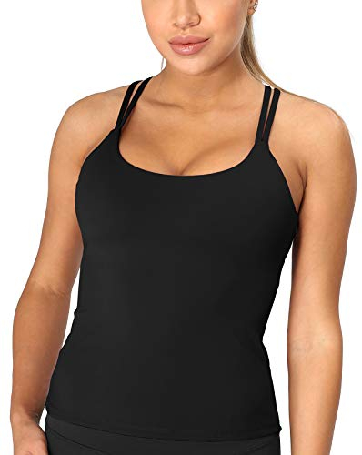 icyzone Damen Sport Top mit Integriertem BH - Longline Gepolsterter Yoga-BH Ohne Bügel, 2 in 1 Gym Fitness Tanktop (M, Schwarz)