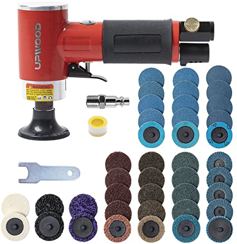 UPWOOD Mini Druckluft Exzenterschleifer Set 50mm, Pneumatisches Mini Druckluftschleifer Set, rechtwinklige Oberflächenvorbereitungswerkzeug mit 41 Rollverriegelungsscheiben