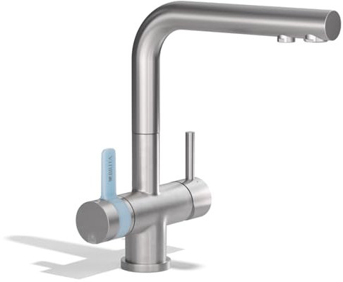BRITA 3-Wege-Küchenarmatur (Edelstahl, eckig) inkl. 1 x BRITA P 1000 Wasserfilter – Küchenarmatur für gefiltertes und ungefiltertes Wasser direkt aus der Leitung