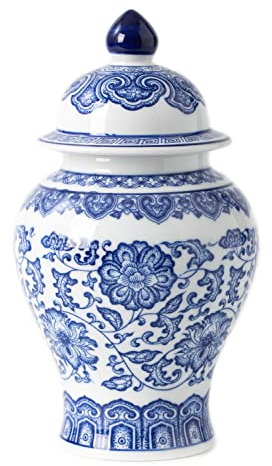 Blaues und weißes Ingwerglas, Keramik-Chinoiserie, dekorative Gläser für Zuhause, Büro, Blumenvase, Pozellan, glänzende Vase für Tisch, Wohnzimmer, Bücherregal, Kaminsims, Tafelaufsätze, 24 cm Höhe