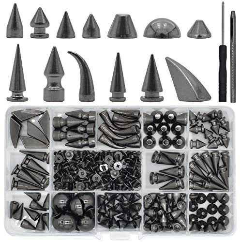 Lot de 150 clous et clous punk, 13 formes coniques en cuir, gothiques, avec outils d'installation pour colliers, vestes, vestes, chaussures, bottes, ceintures, sacs, travaux manuels en cuir (Noir