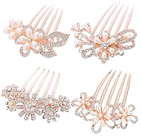 4 Stück Braut Hochzeit Haarkamm Haarschmuck, Blume Hochzeit Haarkamm, Strass Braut Haarkamm, für Hochzeit Brautjungfer Frau Mädchen Mutter Geschenk (Roségold)