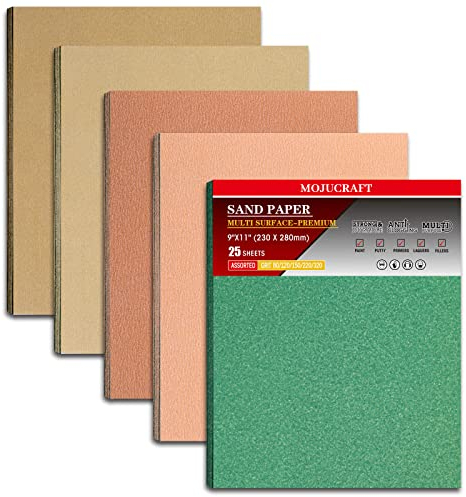 Mojucraft 25 Stück Schleifpapier, Profi Schleifpapier SetSchmirgelpapier Schleifpapier Holz Metall Möbel Handschleifmaschine 80/120/150/220/320 Körnung Schleifpapier zum Schneiden 23cm * 28cm