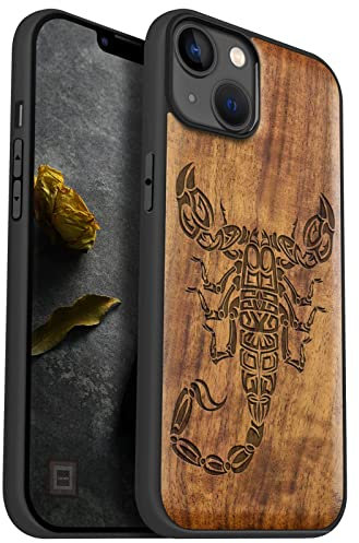 Carveit Handyhülle für iPhone 14 Plus Holz Cover kompatibel MagSafe mit Massivholz für Apple 14 Plus Stoßfeste Stoßstange Weich TPU hulle（Nussbaum-Skorpion-Stamm）