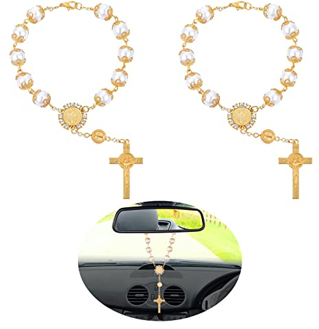 TIESOME Auto Rosenkranz für Rückspiegel, 2 Stück Autospiegel hängende Kreuz Auto Rosenkranz Frauen Männer Rückspiegel Anhänger Auto hängende Zubehör für Spiegel Innenraum Dekore (Gold)