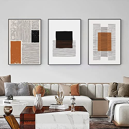 CAYBES Set mit 3 Schwarzen Linien Auf Leinwand Abstraktes Orange und Schwarzes Geometrisches Wandbild Minimalistisches Posterdruck für Wohnzimmerdekoration Kunstwerk-40X50Cm (Ungerahmter Druck)
