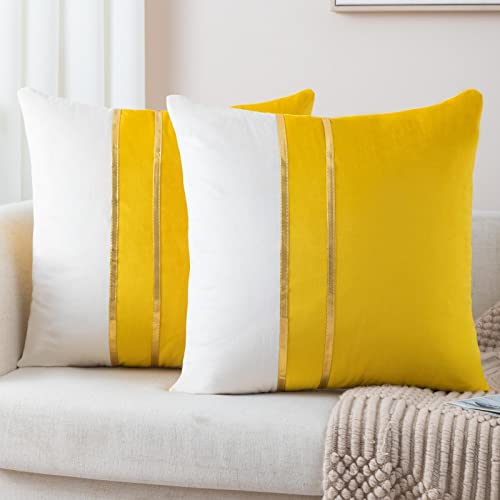 ZLINA 2 Stück Samt Dekorative Kissenbezüge Gelb Weiß Patchwork mit Gold Leder Kissenbezüge 40,6 × 40,6 cm Kissenbezüge Dekor Wohnzimmer Sofa Schlafzimmer Auto