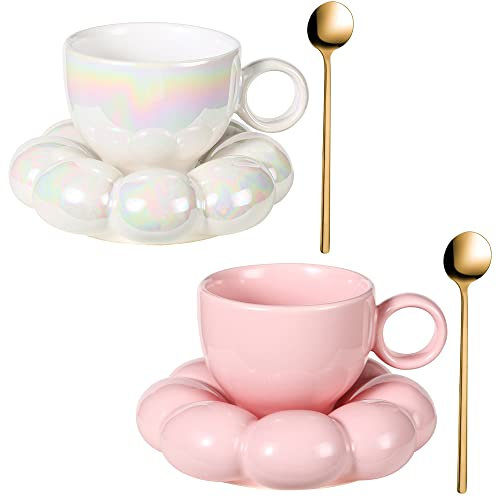 FXGOING Ensemble de tasses à café en céramique avec cuillère, tasse créative mignonne avec sous-verre nuage de tournesol pour le bureau, la maison, 184,3 g (perle blanche + rose pêche)