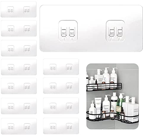 SUBTAVIK 12 Pcs Shower Caddy Adhesive Hooks Replacement, Corner Shower Caddy Adhesive Sticker Hooks Transparent Sticky Hooks for Bathroom Kitchen Shower Caddy Corner Shelf (Double Hook)
