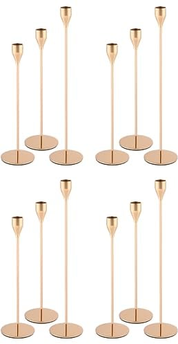 Kerzenhalter, 12er-Set, 3 konische hohe Kerzenhalter, goldene Kerzenhalter, passend für 3/4 Zoll Dicke Kerzen, modernes Dekor, Eisen-Kerzenhalter für Hochzeiten, Kerzenlicht-Dinner, Tafelaufsätze