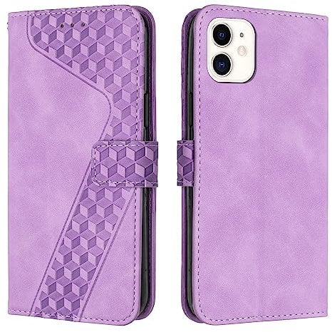 TOHULLE for iPhone 12 Mini Case, Premium PU Leather Wallet Case Card Holder Kickstand Magnetic Closure Plaid Pattern Embossed Design Shockproof Flip Folio Case Cover for iPhone 12 Mini - Purple