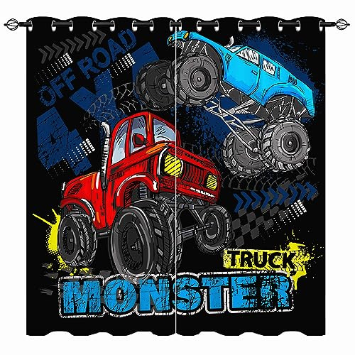 YUANZU Truck Vorhänge Kinder Jungen Blau Rot Monster Truck Ösen Gardinen mit Blickdichte Vorhang Kälteschutz Blackout Curtain Kinderzimmer Schlafzimmer Verdunkelung Fenster, 2 Stück, H 160 x B 132 cm