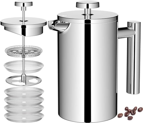 Wrobic Französische Presse Kaffeemaschine, 600ml Edelstahl Französische Presse mit 3-Level Filtration System, Doppelwand Isolierte Französische Presse mit 3-Filtern und 1-Metalllöffel