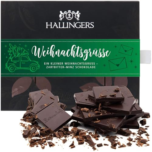 Hallingers Genuss Manufaktur Vegane Schokolade Weihnachts-Geschenk - Tafel aus handgeschöpftem Edelkakao ohne Alkohol edler Karton Weihnachtsgrüße Minze, Weihnachten für Frauen Männer
