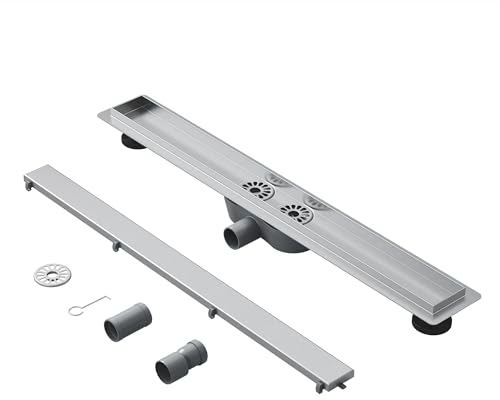 Neodrain Duschrinne 80cm Edelstahl Bodenablauf mit 2 Abflüsse, 360° Siphon 2 in 1 Duschablauf Flach mit Geruchsstop Haarsieb Für Bad, Schnelle Entwässerung