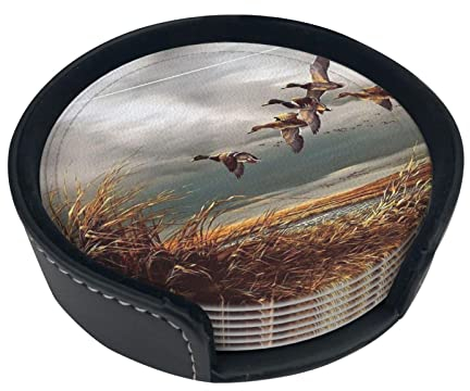 Runde Leder-Untersetzer mit Jagd fliegender Wildenten (6er-Pack), anwuchsfest und langlebig, geeignet für Zuhause und Büro