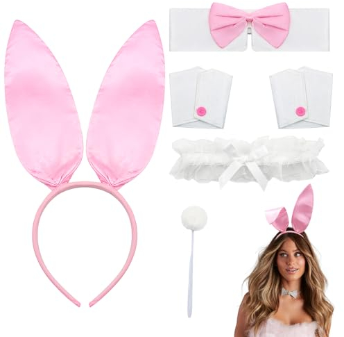 Scettar Bunny Kostüm Set - Damen Playboy Zubehör Kit mit Ohren Kaninchen Stirnband Manschetten Kragen Fliege für Cosplay Ostern Halloween