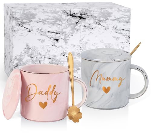 Joymaking Mum and Dad Coffee Mug for New Parents, 12oz Newborn Gifts for Mums, Mummy and Daddy Mugs, Pink-Gray