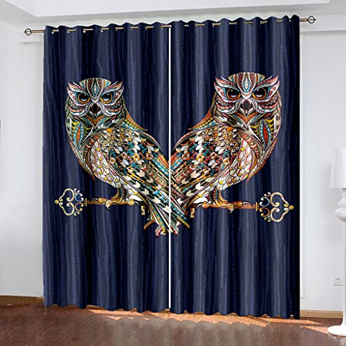 KarfRi Vorhang Blickdicht 3D Druck Eule Bunt Muster Verdunkelungsvorhänge 140X110cm (HxB) Gardinen Mit Ösen Wohnzimmer Schlafzimmer Kinderzimmer Thermovorhang Ösenschal 2Er Set