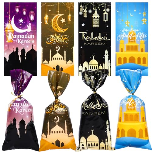100 Stück Ramadan Tüten zum Befüllen,Eid Mubarak Dekoration,4 Muster Ramadan Geschenktüten Thema Bedruckt Muster Geschenktasche,Ramazan Dekor,Geschenktasche Zellophan mit Gold Krawatten Partytüten