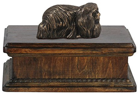 Art-Dog Custom Dog Mama Sitzende Statue Gedenkurne - Handgefertigte kaltgegossene Bronze auf Birkensockel - Urne für die Asche von Hunden - 24,5x29x21cm - 5l - Pekinese