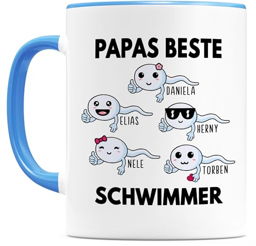 Papas beste Schwimmer Tasse personalisiert Kaffeetasse Vatertagsgeschenk Geschenk für Papa vom Kind Kaffeebecher Vater Geburtstagsgeschenk Vatertagstasse Keramiktasse 330ml (5 Kinder)