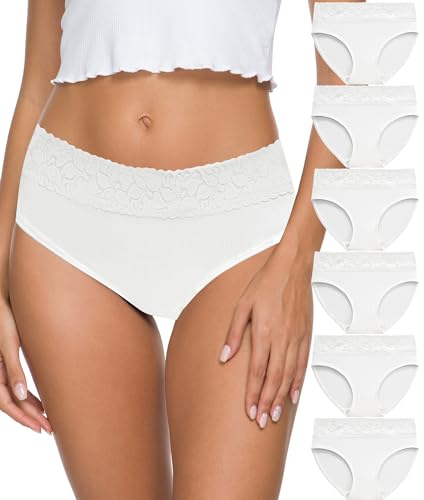 ALTHEANRAY Unterhosen Damen Baumwolle unterwäsche Frauen Slips Spitze Hipster Atmungsaktiv Damen-Unterhosen Mehrpack Weiche Stretch Bequeme 6er Pack(EU3020M-White)