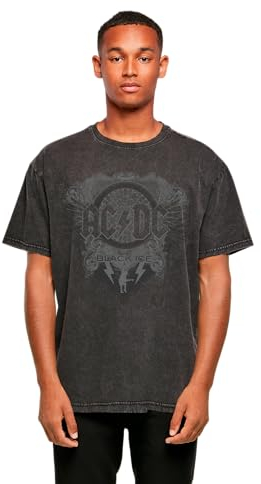 AC/DC: Schwarzes Oversized T-Shirt mit Black Ice Aufdruck, Acid Washed, 100% Baumwolle, Rundhalsausschnitt, für Herren Black M