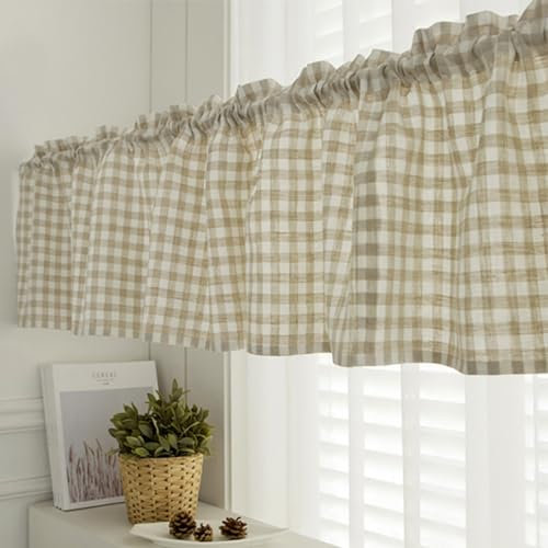 LNGFSH Vintage Kaffee Vorhang Kariert Gingham Muster Scheibengardine Streifen Gardine Küche Kurzstore Transparente Bistrogardine für Küche Beige (BxH 200x40cm)