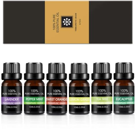 Vendorson Essential Oils Set - Top 6 Aromatherapy Oils Perfect for Diffuser, Humidifier, Candle Making,Home Care,Gifts - Lavender, Eucalyptus, Orange, Peppermint, Lemongrass, Tea Tree (Pack of 6 10ml)