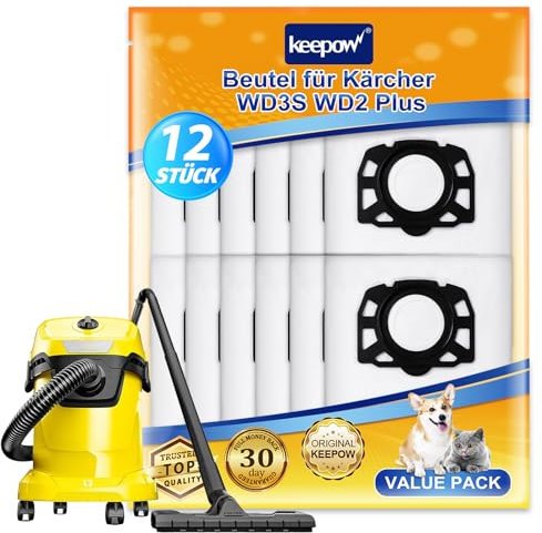 KEEPOW 12 Stück KFI 357 Staubsaugerbeutel für Kärcher WD3s WD 3 V-17/4/20 2.863-314.0 wd2 Plus kwd 3 KWD1-2 SE 4001 Plus Vliesfilterbeutel