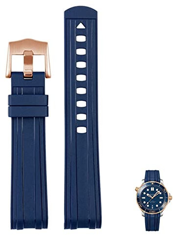 KDEGK For Omega Seamaster 300 universe 007 Curved End Fluorous Rubber silicone watchband 20mm 22mm Watch Soft strap Men Replacement(Blue Rose gold,22mm)