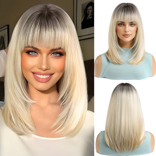 OUFEI Ombre Blonde Bob Perücke mit Pony Kurze Gerade Perücke für Frauen Synthetisches Haar Perücken für Die Tägliche Party Cosplay tragen
