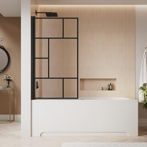 SIRHONA Pare-baignoire, 80 x 140 cm Écrans de Baignoire, Verre Trempé Transparent de 6 mm, Rotation à 180°, Peut Être Monté à Gauche Ou à Droite, Noir