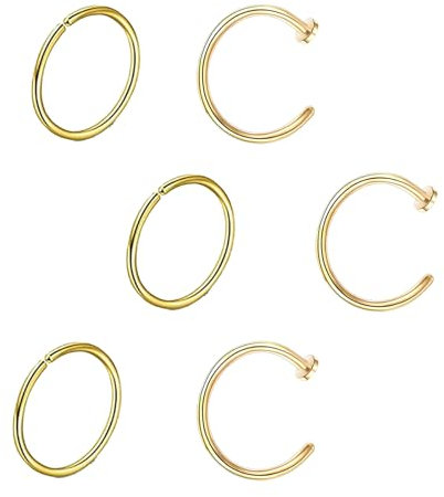 Laralily 6 Stück Fake Nose Ring Fake Piercing Nasenring Gold Edelstahl Fake Nasenpiercing Nostril Piercing Ring Helix Piercings Ring, geeignet für Nase Lippen und Ohren (10mm,Gold).