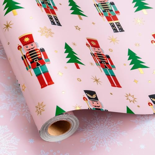 Retrify Nutcracker Christmas Wrapping Paper Roll, 17 Inches x 32.8 Feet Pink Gift Wrap for New Year Holiday, Christmas Tree/Snowflake/Star Design